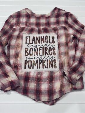 Custom Upcycled Bleached Flannel with Autumn Patch on the back - Cream&Burgundy